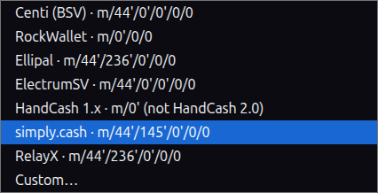 A computer screen displays a menu of cryptocurrency wallet options including Centi (BSV), RockWallet, Ellipal, and ElectrumSV, with 'simply.cash - m/44'/145'/0'/0/0' currently highlighted in blue.