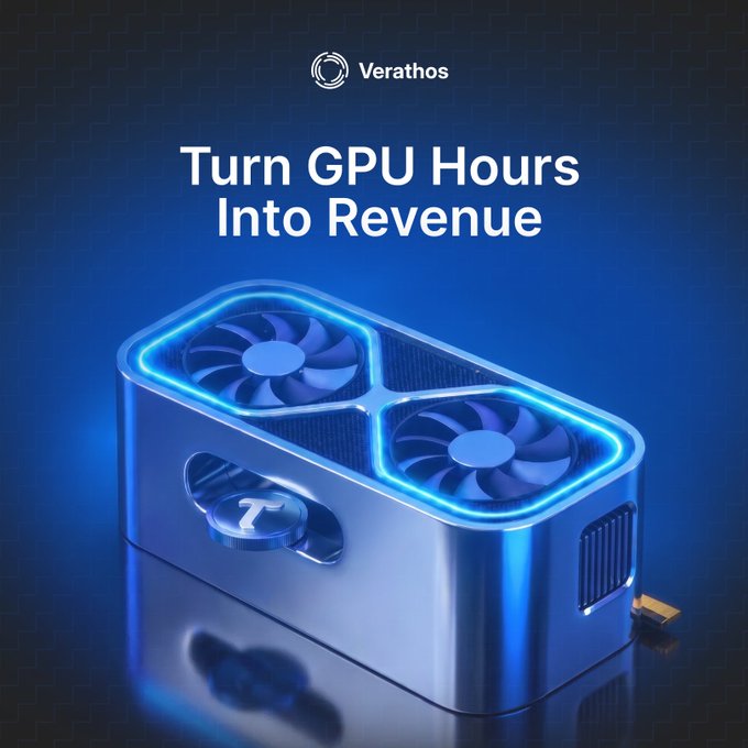A digital advertisement shows a 3D illustration of a blue-lit GPU device with the text 'Verathos' and 'Turn GPU Hours Into Revenue'.