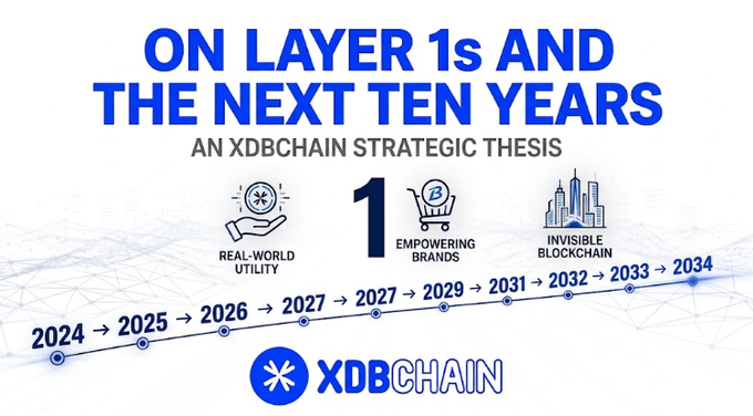 The image presents XDB Chain's strategic thesis titled "On Layer 1s and the Next Ten Years," featuring a timeline spanning 2024 to 2034 that highlights three key themes: real-world utility, empowering brands, and the invisible blockchain. The graphic visually reinforces the post's message about the evolution of Layer 1 blockchains from speculative assets to practical, integrated infrastructure over the coming decade, with the XDB Chain logo prominently displayed at the bottom.