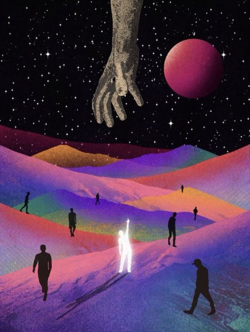 A surreal digital illustration depicts silhouetted figures walking through colorful pastel dunes, with one glowing white figure reaching up toward a large hand descending from a starry sky with a red moon.