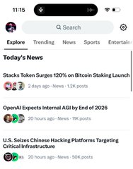 A screenshot of the X (Twitter) Explore page displaying news headlines, including 'Stacks Token Surges 720% on Bitcoin Staking Launch,' 'OpenAI Expects Internal AGI by End of 2026,' and a story about U.S. seizing Chinese hacking platforms targeting critical infrastructure.
