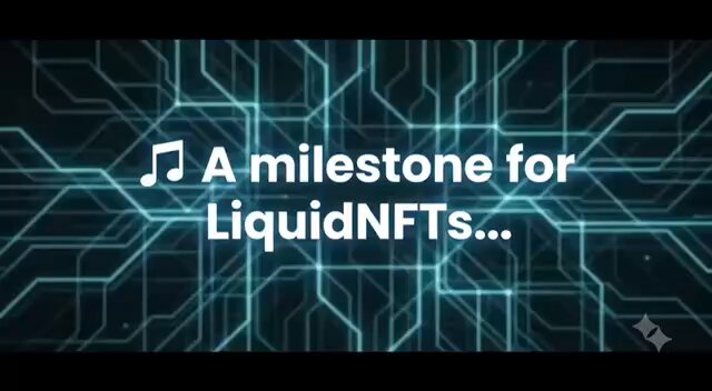 The image features a large screen with blue lines, which are part of an advertisement for LiquidNfts. The background of the image has a dark color that contrasts with the blue lines. The text "A milestone for LiquidNfts..." is displayed in white letters above the blue lines, and it reads "A milestone for LiquidNfts... evenings! more music scheduled on @liquidnftMarket from the very talented artist @b_mojaat".
