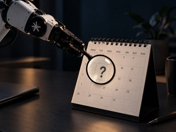 A robotic arm holding a magnifying glass over a calendar page with a question mark on the 3rd, set in a dimly lit room with a plant.