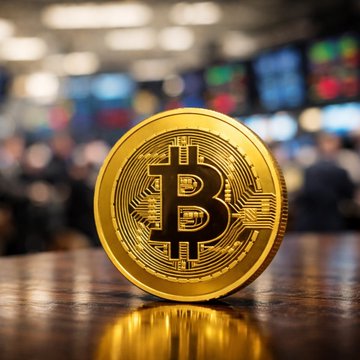 A close-up of a gleaming gold Bitcoin coin resting on a wooden surface, with a blurred trading floor of screens and figures in the background, visually echoing the post about record-breaking $2.6B in net inflows to US spot Bitcoin and Ether ETFs.