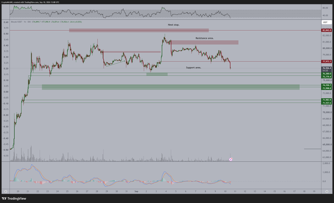 A TradingView chart of Bitcoin/USDT on Binance displays price action between approximately $73,000 and $85,000, with annotations marking a "Resistance area" near $82,500, a "Head stop" zone above, and a "Support area" near $74,500–$75,000, showing a recent rejection from resistance and a sharp pullback. The chart visually supports the post's main scenario of Bitcoin continuing its decline to test the $74,000 support zone to finalize its correction.