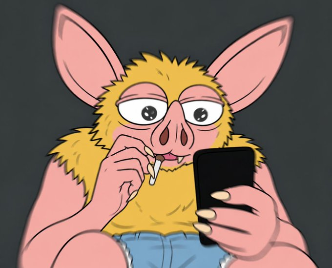 A cartoon illustration of a furry bat-like creature with large pink ears and yellow fur, looking at a black smartphone while holding a cigarette, wearing blue jeans.