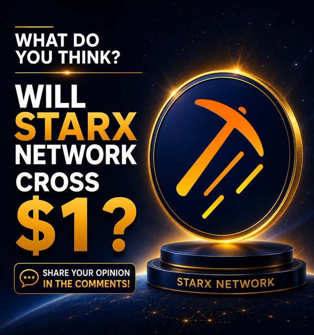 A futuristic promotional graphic featuring the golden STARX Network logo displayed on a glowing podium against a cosmic space background, with bold text asking "WHAT DO YOU THINK? WILL STARX NETWORK CROSS $1?" and a prompt to "SHARE YOUR OPINION IN THE COMMENTS!"—directly engaging viewers in the poll-style discussion about STARX's potential price target and mining activity.