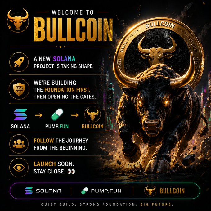 A promotional graphic for "BULLCOIN" featuring a charging golden bull and text indicating it's a new Solana project launching soon through Pump.fun.