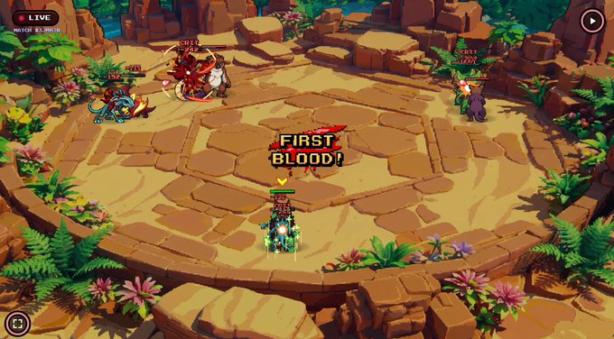 A top-down view of an arena combat game showing a "FIRST BLOOD!" notification appearing after a character defeats an enemy, with visible player names including "GRZ," "NEU," and "GRZ ZEN," illustrating the early aggression advantage mentioned in the post about securing a kill to guarantee revival in Deathmatch mode.