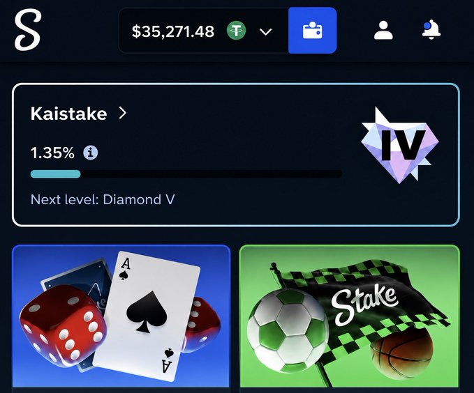 A screenshot of the Stake.com gambling platform showing a balance of $35,271.48 and a username 'Kaistake' with Diamond IV status at 1.35%.