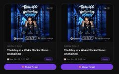Two mobile app screenshots displaying a digital ticket titled 'TheBday is a Waka Flocka Flame: Unclashe' priced at $7.41 USD, marked as 'Ended'.
