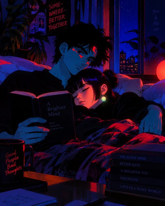 An anime-style illustration of a couple in a red and blue lit room, with the male reading a book titled 'A Brighter Mind' while the female rests on his shoulder, surrounded by books titled 'The Silent Mind', 'Better Days', 'A Brighter You', 'Discipline', and 'Love in a Noisy World'.