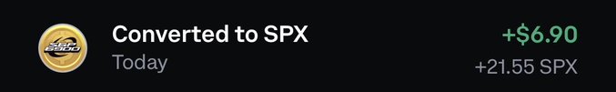 A digital notification reading 'Converted to SPX Today' with a gold coin icon, showing a gain of +$6.90 and +21.55 SPX.