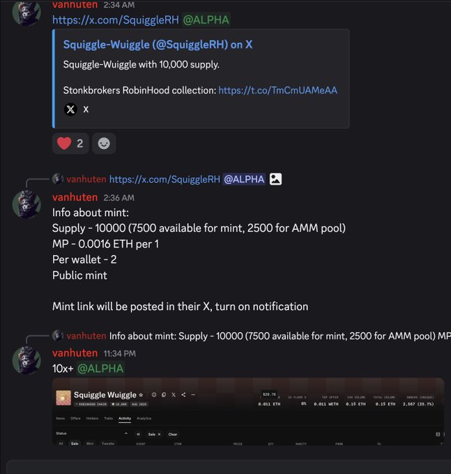 Discord chat messages from 'vanhuten' share information about Squiggle-Wuiggle NFT mint details, including 10,000 supply, 0.0016 ETH mint price, and 2 per wallet limit, referencing @ALPHA.
