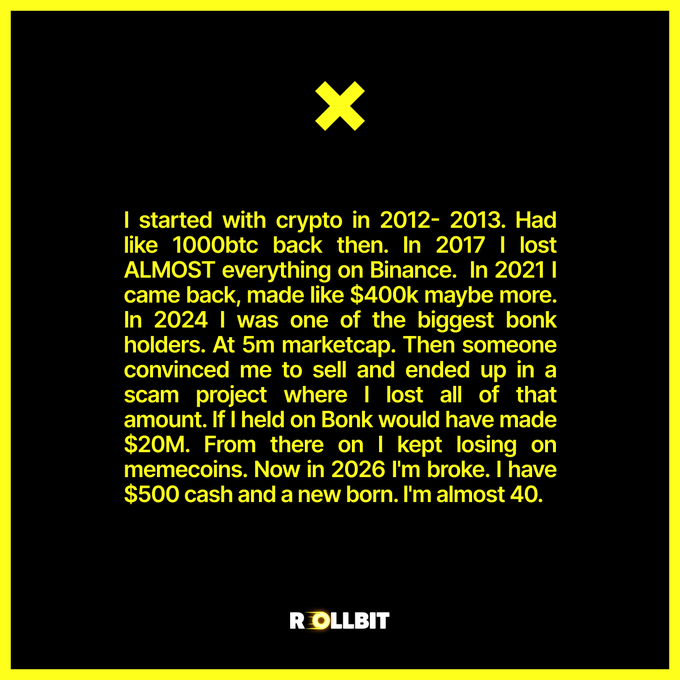 The image features a black background with yellow text and a yellow X mark at the top, alongside the "ROLLBIT" logo at the bottom. It tells a cautionary crypto story about someone who had ~1000 BTC in 2012-2013, lost most of it on Binance in 2017, recovered to $400k by 2021, then lost everything by selling Bonk at a $5M marketcap (now worth $20M) and chasing memecoins. The caption captures the final devastating detail referenced in the post: "I have $500 cash and a newborn. I'm almost 40."