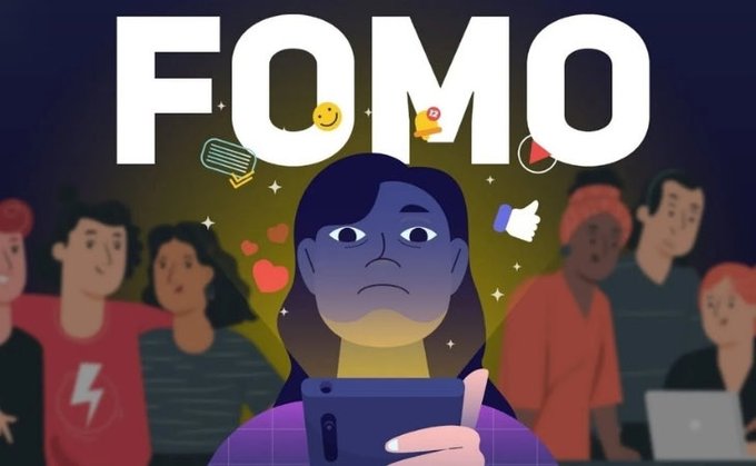 A digital illustration depicting the concept of 'FOMO' (Fear of Missing Out), showing a worried woman on her phone surrounded by a crowd and social media icons.