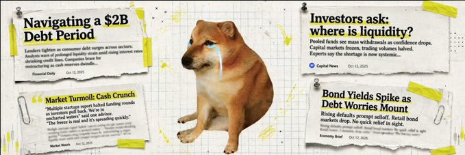 The image is a promotional graphic for a memecoin called "DebtDog," featuring a Shiba Inu dog with a credit card chip on its ear, surrounded by newspaper-style clippings warning of a "$2B Debt Period," "Bond Yields Spike," and a "Market Turmoil: Cash Crunch." It plays on the popular "CashCat" meme narrative by riffing on themes of mounting debt and liquidity concerns, positioning itself as a degen-friendly crypto token tied to financial doomerism.