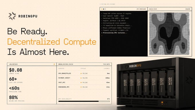 An ad focuses on RobinGPU and its promise of Cloud Computing upgrades. The ad identifies negative attributes, such as: No cards. No KYC. No lock-in. It also offers promises of GPU rentals, upgrades and paying only for what is used.