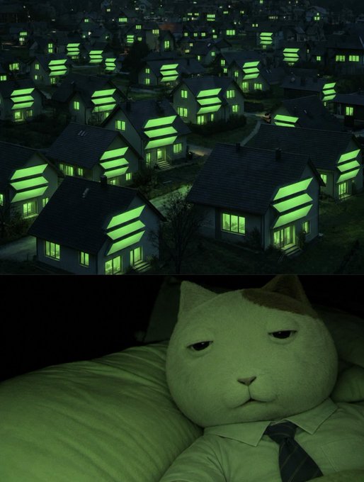 A surreal scene shows a suburban neighborhood at night with green equals-sign shapes glowing on every rooftop, paired below with a white cat in a tie and shirt looking grumpy in bed.