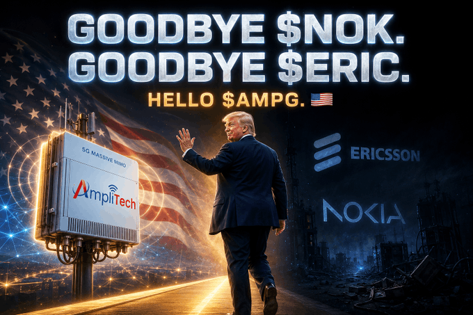 An image showing a figure in a suit waving goodbye toward faded Nokia and Ericsson logos, while walking toward an American flag backdrop with a glowing "5G Massive MIMO" AmpliTech (AMPG) tower in the foreground, visually reinforcing the post's thesis about a shift away from legacy telecom giants toward American Physical/Edge AI infrastructure plays.