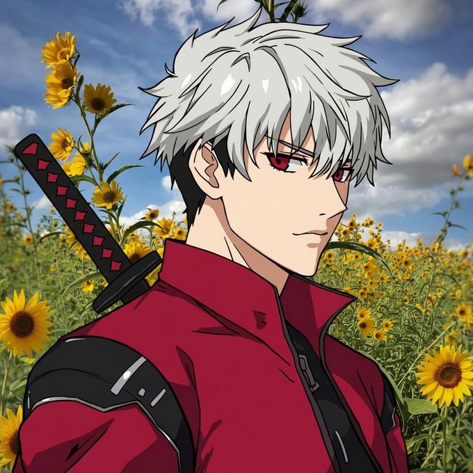 An anime-style illustration of a white-haired young man with red eyes wearing a red jacket and carrying a katana, standing in a field of sunflowers.