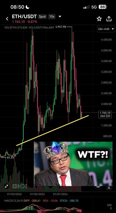 A cryptocurrency chart showing ETH/USDT Spot at 1,765.10 (-0.87%) with a meme image of a man wearing an Ethereum crown and 'WTF?!' text overlay, highlighting a downward trend on a candlestick chart.