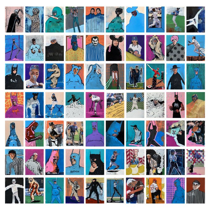 A grid of 70 hand-painted, 1/1 trading cards featuring stylized portraits of baseball players, athletes, and pop culture characters including Batman, rendered in bold colors with visible Cyrillic text on one card. The collection is being released as physical trading cards through @TransientLabs, matching the post's description of hand-painted 1/1 collectibles shipped to buyers.