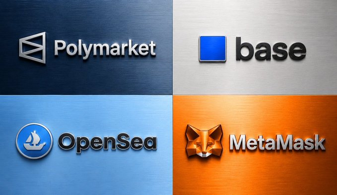 The image is a 2x2 grid showcasing logos of four major crypto/Web3 projects: Polymarket (top-left, dark blue), Base (top-right, silver), OpenSea (bottom-left, light blue), and MetaMask (bottom-right, orange with fox icon). This visual directly supports the post's question about which of these four platforms—rumored to have upcoming tokens ($SEA, $MASK, $BASE, and $POLY respectively)—will launch their token first.