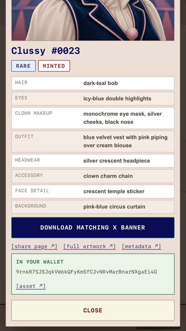 An NFT detail page for 'Clussy #0023', a rare minted item, listing traits like 'dark-teal bob' hair and 'blue velvet vest with pink piping over cream blouse' outfit, with wallet address 9rnKR7S3JqkVW6kQFyKmSFCJvNRvMarBnartNXgaEi4G.
