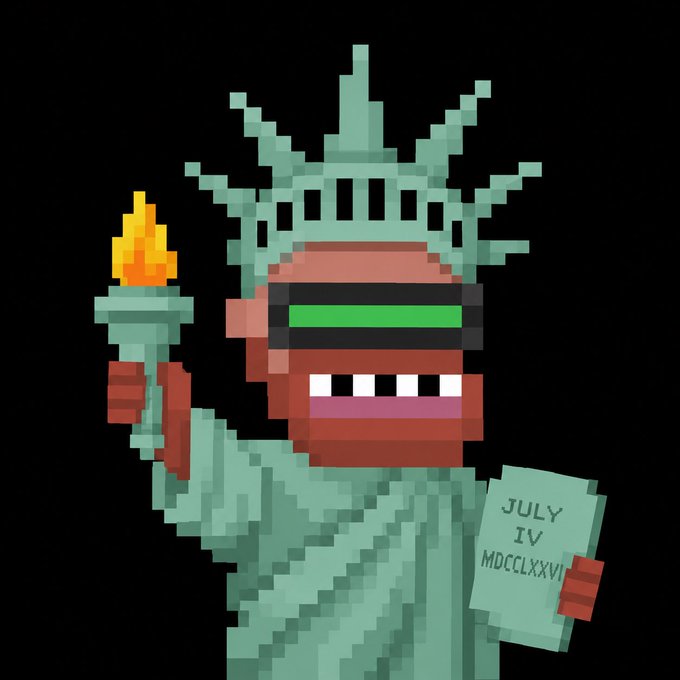 A pixel art illustration of the Statue of Liberty wearing shutter shades, holding a torch in one hand and a tablet reading 'JULY IV MDCCLXXVI' in the other, referencing US Independence Day.