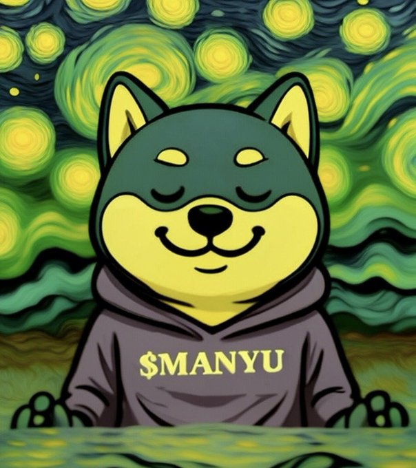 A Shiba Inu dog wearing a purple hoodie with '$MANYU' printed on it is depicted in the style of Van Gogh's 'Starry Night'.