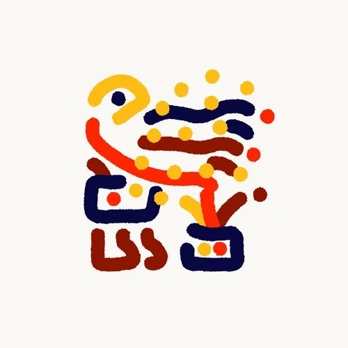An abstract digital artwork titled "GLiF original #225" features a vibrant composition of stylized, doodle-like shapes in red, navy blue, yellow, and orange, with dotted patterns and curved lines that resemble a whimsical, fragmented face or character. The piece appears to be a hand-drawn generative art collectible, with bold colors and playful forms giving it an energetic, graffiti-inspired aesthetic.