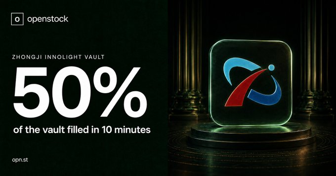 The image is an Openstock promotional graphic highlighting an allocation to Zhongji Innolight, displaying "50% of the vault filled in 10 minutes" alongside a glowing app icon in a dramatic dark setting—visually reinforcing the rapid, high-demand nature of the pre-IPO allocation to the optical-transceiver maker on Base.