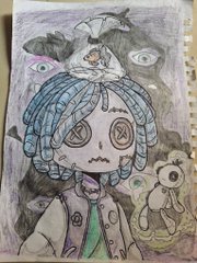 A hand-drawn illustration in a sketchbook depicting a stylized figure with X-shaped eyes, turquoise yarn-like hair, and a small creature perched on its head.