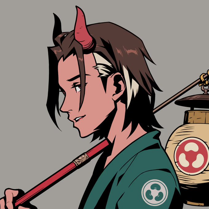 An anime-style illustration shows a character with dark hair and a red horn wearing a green kimono, carrying a staff and a lantern with a red tomoe symbol.