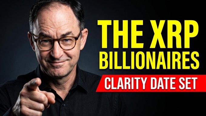 A man in glasses points directly at the viewer against a dark background, with bold text reading "THE XRP BILLIONAIRES" and "CLARITY DATE SET" on a red banner. The image serves as a YouTube thumbnail promoting the XRP Billionaires video, highlighted by the dramatic pointing pose.