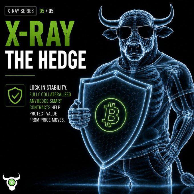A digital promotional poster titled 'X-RAY SERIES 05/05' and 'X-RAY THE HEDGE', featuring an X-ray style bull character holding a shield with a Bitcoin logo, with text stating 'LOCK IN STABILITY. FULLY COLLATERALIZED. ANYHEAGE SMART CONTRACTS HELP PROTECT VALUE FROM PRICE MOVES.'