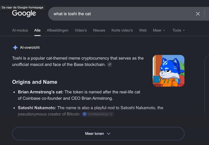 A Google search result in Dutch for "what is toshi the cat" displays an AI overview stating that TOSHI is a popular cat-themed meme cryptocurrency serving as the unofficial mascot and face of the Base blockchain, named after Brian Armstrong's cat with a playful nod to Satoshi Nakamoto. The image directly supports the post's claim that "the internet knows the truth" about $TOSHI being a meme cryptocurrency tied to Brian Armstrong's cat and the Base ecosystem.