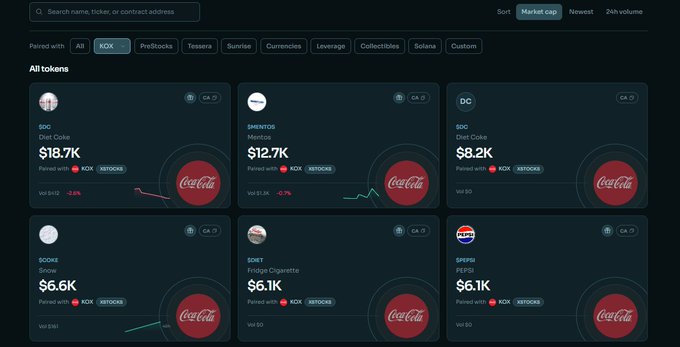 A dark-themed cryptocurrency dashboard displays paired tokens including 'Diet Coke' (GDC, $18.7K), 'Mentos' (5MENTOS, $12.7K), and 'Diet Coke' (DC, $8.2K), all featuring Coca-Cola logos.
