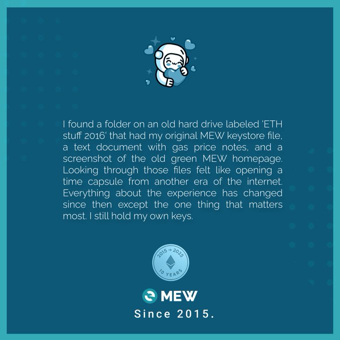 A MEW (MyEtherWallet) promotional graphic marking 'Since 2015 - 10 Years' anniversary, featuring a message about finding an old 'ETH stuff 2016' folder containing original MEW keystore files.