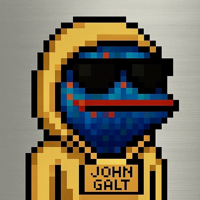 A pixel art style portrait of a person wearing a gold hood and a digital/pixelated visor with glowing red and blue accents, with a name tag reading 'JOHNY GALT'.