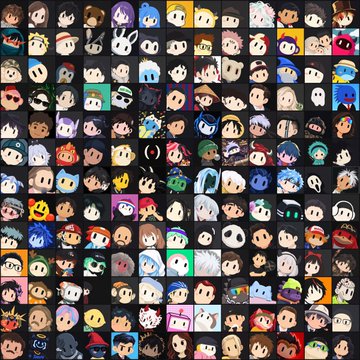 A dense grid displaying numerous small, pixel-art character icons or avatars with various hair colors and outfits against a dark background.