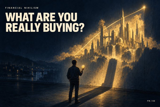 A moody poster titled 'FINANCIAL NIHILISM' asks 'WHAT ARE YOU REALLY BUYING?' above an illustration of a man holding a glowing orb facing a golden, futuristic city skyline across water.