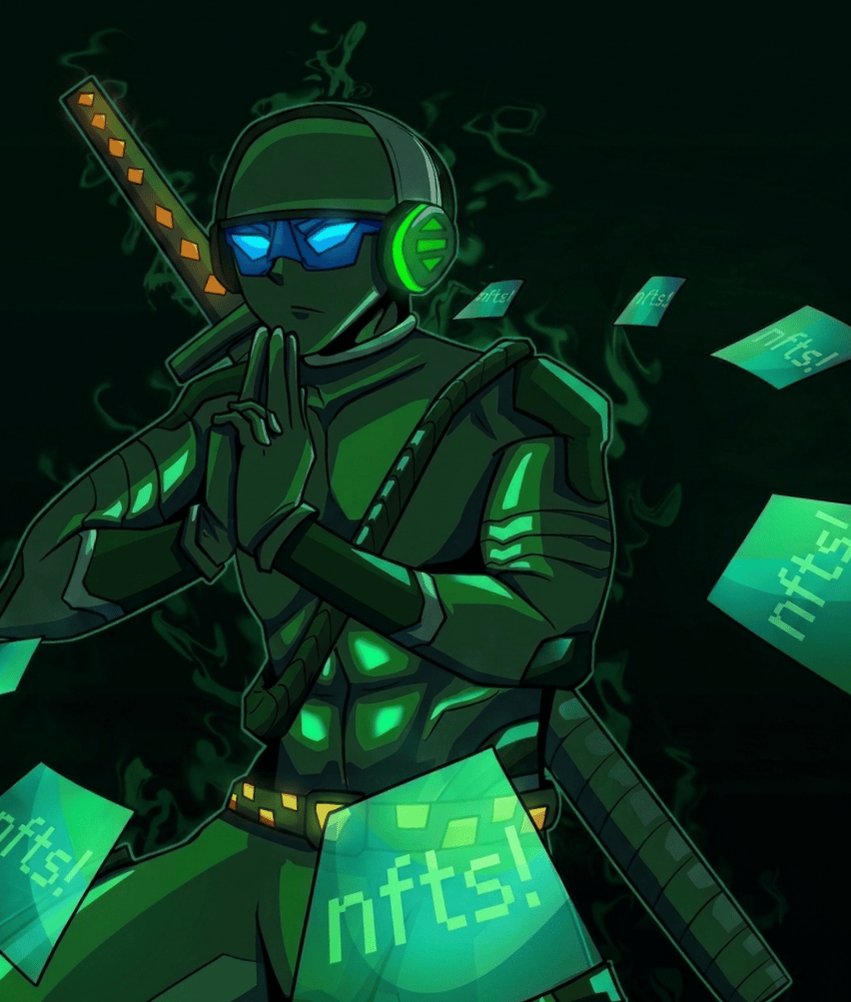 The image features a green-skinned man with blue goggles standing against a dark background. He is holding a sword and wearing a helmet that has a screen on top, which could be used for communication or monitoring purposes. The man appears to be in a fighting stance, ready for battle. In the bottom right corner of the image, there are several pieces of paper floating around him, possibly representing different aspects related to NFTs or digital assets.