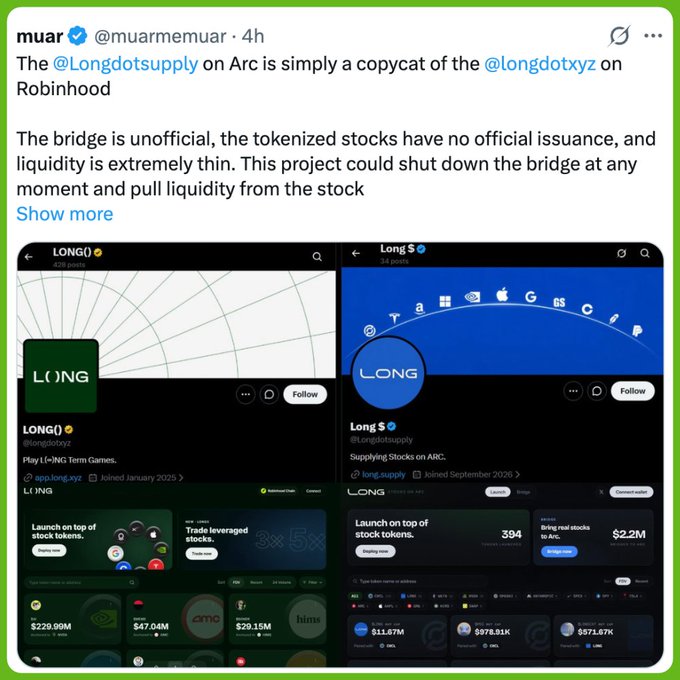 A tweet from @muarmemuar comparing @longdotsupply and @longdotxyz, showing two LONG token trading interfaces side by side with a warning about unofficial tokenized stocks.