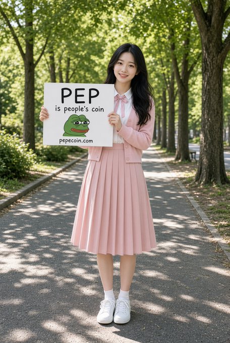 A young woman in a pink school uniform standing on a tree-lined path, holding a sign that reads 'PEP is people's coin' with 'pepecoin.com' underneath.