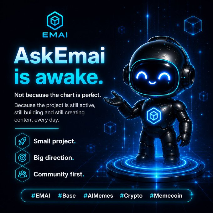 A promotional poster for "AskEmai" featuring a cute black robot character with glowing blue eyes, declaring "AskEmai is awake" with hashtags #EMAI, #Base, #AIMemes, #Crypto, and #Memecoin.