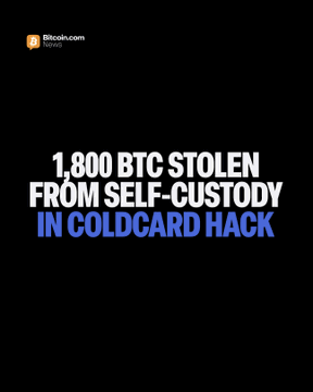 A Bitcoin.com Equities post with bold text reading "1,800 BTC STOLEN FROM SELF-CUSTODY IN COLDCARD HACK" against a black background, highlighting the headline figure from the news about the Coldcard hardware wallet vulnerability that compromised over 7,000 addresses due to a weak random number generator since 2021.