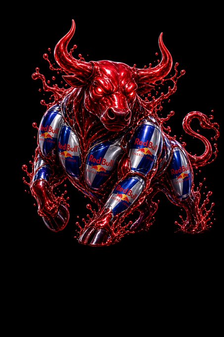 A stylized red bull made of liquid splashing through silver and blue Red Bull cans against a black background.