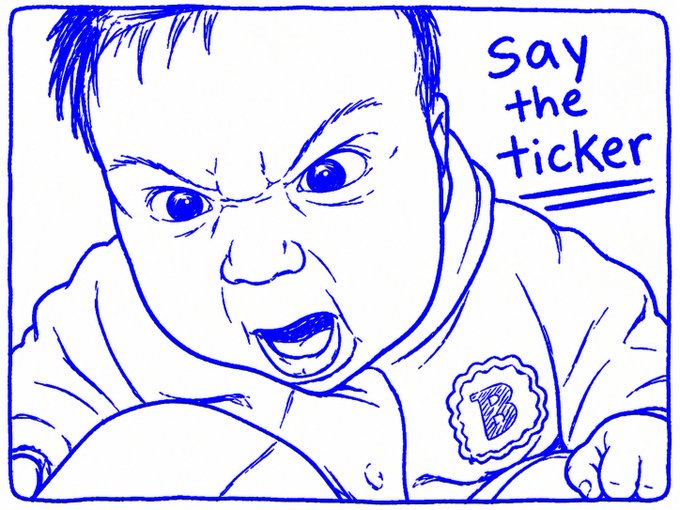 A hand-drawn blue sketch of an angry baby demanding "say the ticker," fitting the post's humorous demand to "@BASE" — likely Coinbase's BASE blockchain ticker.